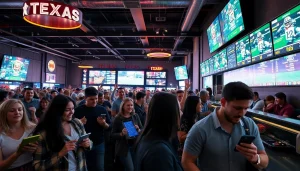 Engaging scene of sports betting in Texas featuring enthusiastic fans in a vibrant sportsbook atmosphere.