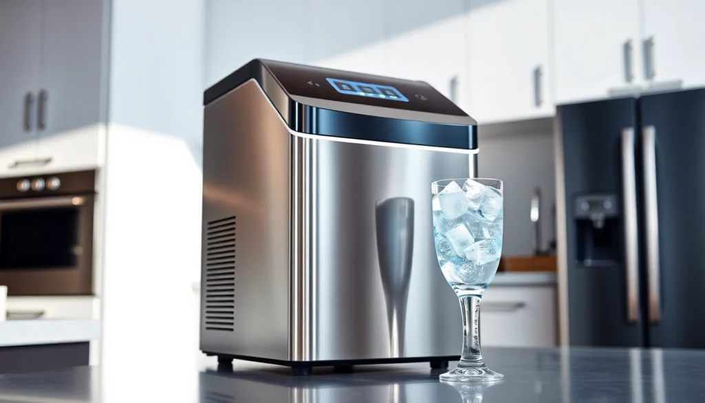 Showcasing an affordable ice maker in a modern kitchen with fresh ice cubes.