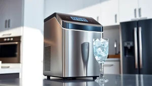Showcasing an affordable ice maker in a modern kitchen with fresh ice cubes.