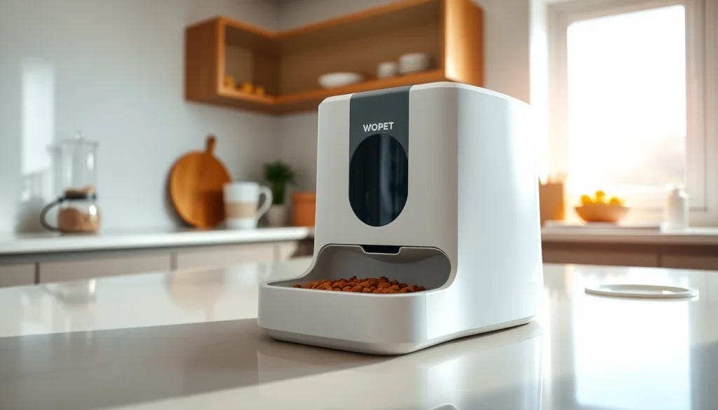 WOPET automatic pet feeder displayed in a bright kitchen, emphasizing its modern design and functionality.