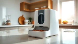 WOPET automatic pet feeder displayed in a bright kitchen, emphasizing its modern design and functionality.