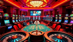 A stunning casino scene showcasing poker strategy and excitement at https://kjc.onl/, highlighting roulette wheels and vibrant slot machines.