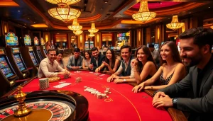 Casino scene featuring excitement with poker tables, slot machines, and chips at https://topclub.space/.