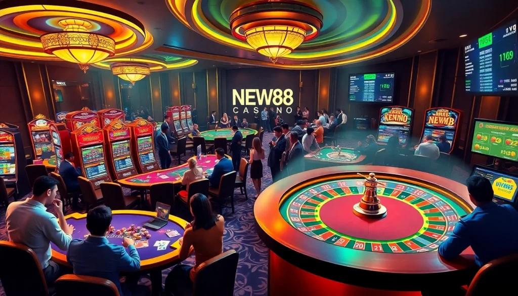 Players enjoying games at Nhà cái NEW88, featuring vibrant casino tables and slot machines.