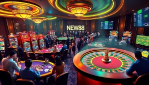 Players enjoying games at Nhà cái NEW88, featuring vibrant casino tables and slot machines.