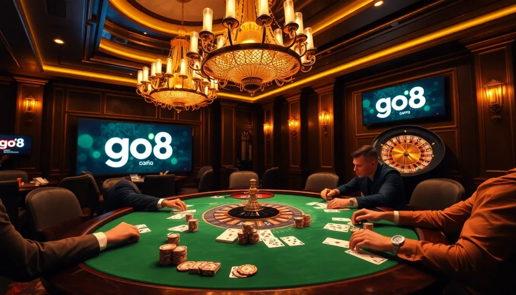 Go8 casino scene with players at a poker table, showcasing excitement and high-stakes action.