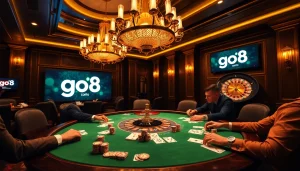 Go8 casino scene with players at a poker table, showcasing excitement and high-stakes action.