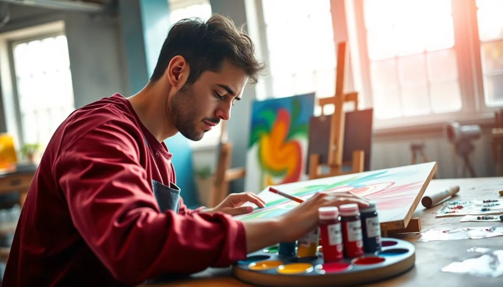 Artist creatively using vibrant acrylic paints on canvas at https://acrylicpedia.com.