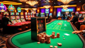 Players engaging with the doaslot slot machine in a vibrant casino ambiance with rich decor.