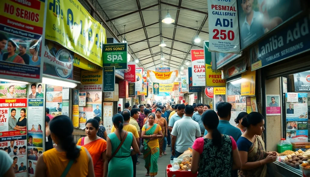 Lanka Add marketplace scene with colorful ads, showcasing personal and spa services.