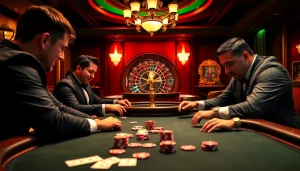 Intense poker action at a luxurious casino with nk88 chips highlighting the game.