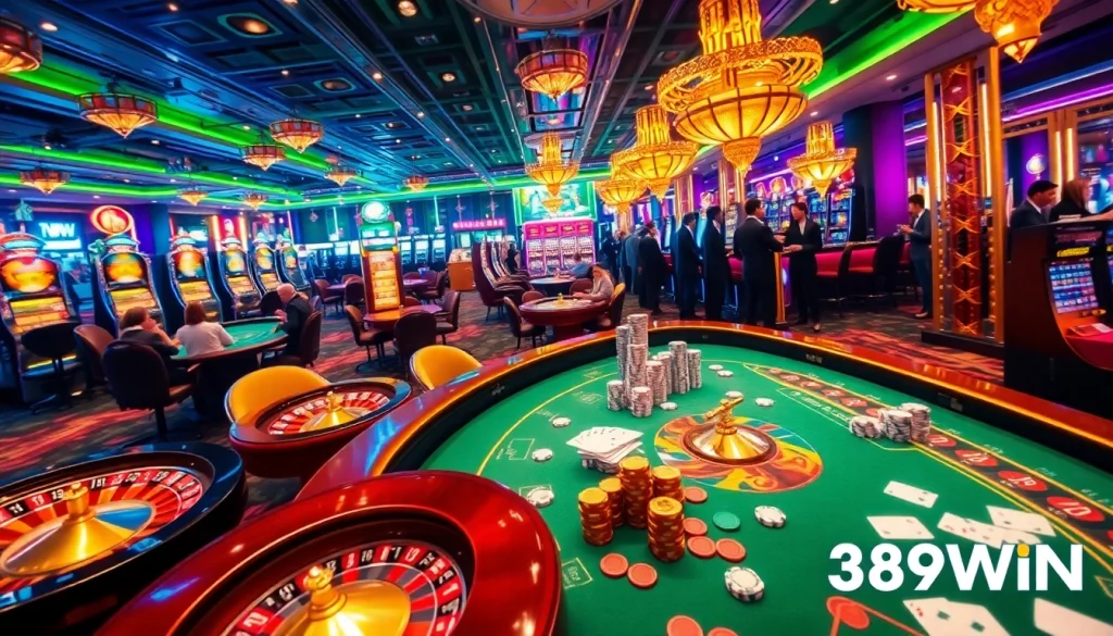 Exciting gaming atmosphere at 389WIN casino with players enjoying high-stakes tables and slot machines.