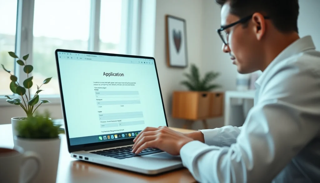 Fill out the esta application form on a laptop in a bright office environment.