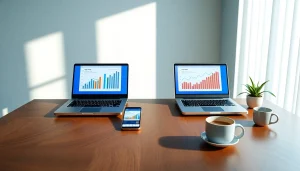 Professional workspace showcasing the fly88 deal concept with digital platforms and financial charts.