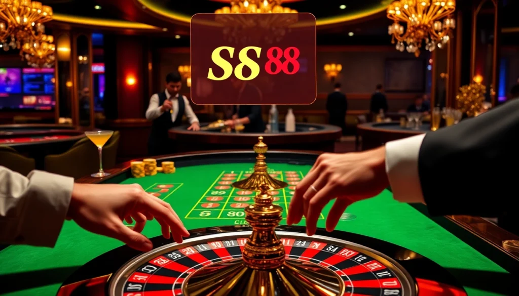 Engaged players enjoying a game of roulette with SC 88 branding in an opulent casino setting.