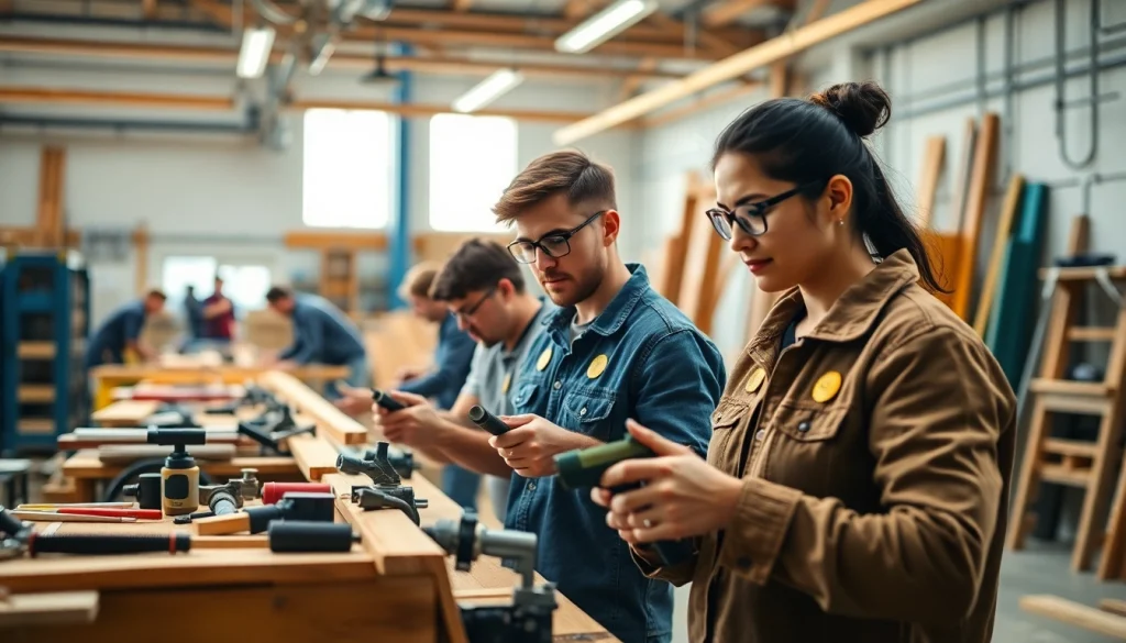 Students learning hands-on skills at trade schools oahu in a bright workshop environment.