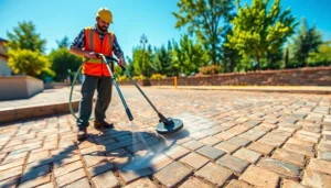 Profesionalna čistilna služba, ki prikazuje čiščenje tlakovcev na tlakovani poti, preobraža umazanijo v čisto.