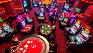 Experience the excitement of VN88 as players strategize at crowded casino tables and spin colorful slots.