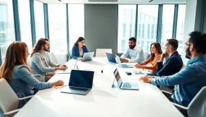 Engaged team discussing compliance with das 142 in a bright office environment.