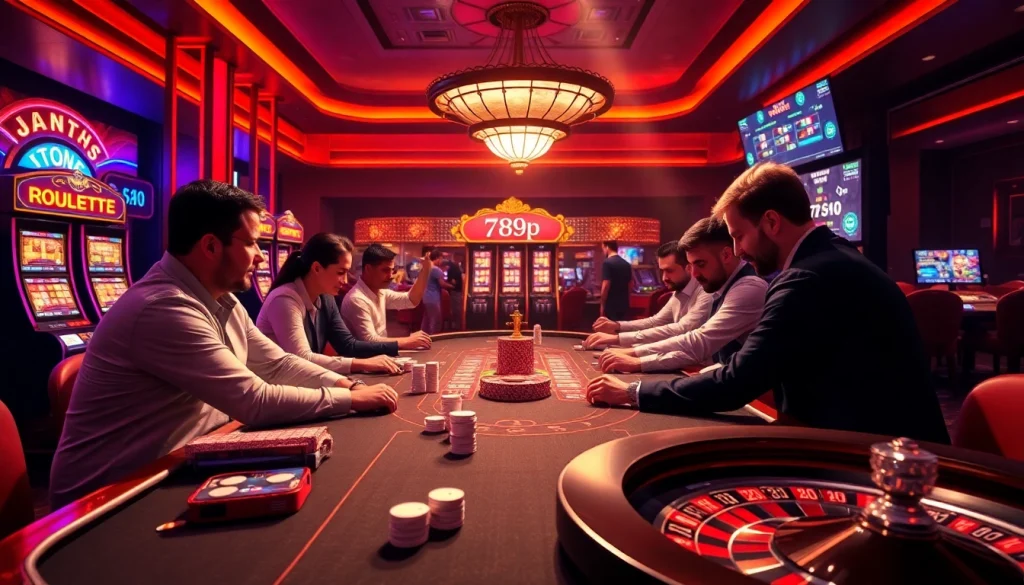 Exciting scene of players enjoying poker at 789p casino, featuring vibrant gaming tables and slot machines.