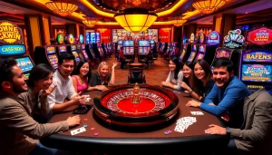 Players enjoying the thrill of gambling in a luxurious casino setting with Okwin elements.