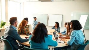 Engaged group learning at CareerSprints.com with a diverse professional development coach encouraging interaction.