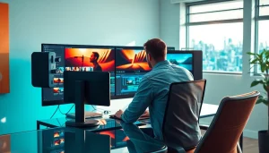 Showcase video editing services in an engaging workspace with advanced technology.