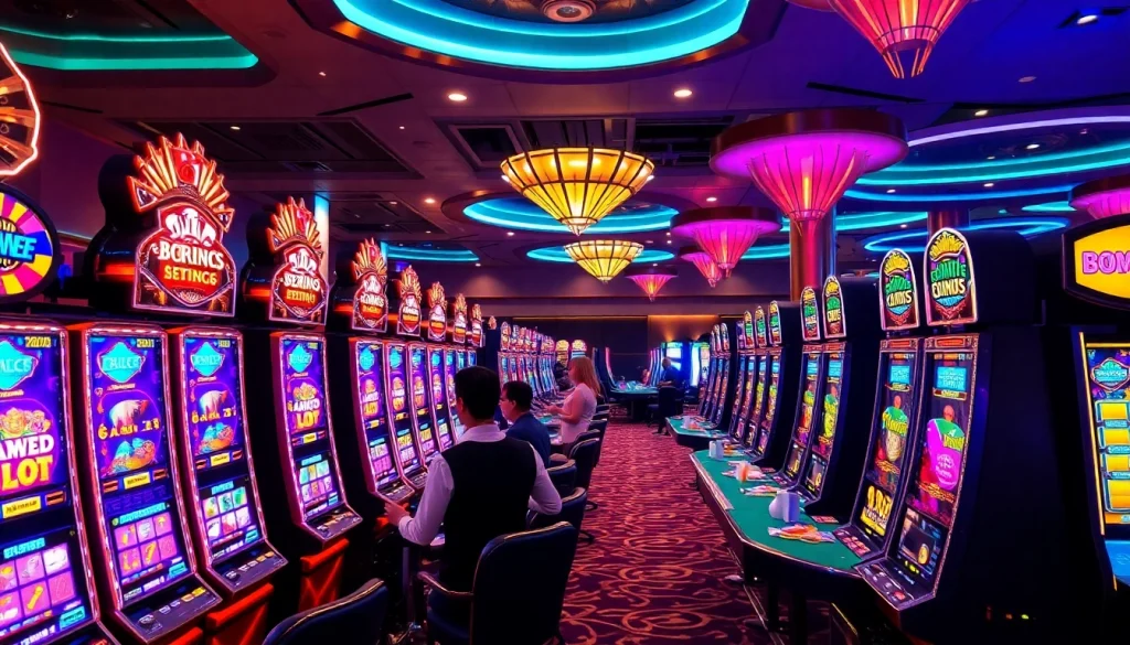 Para pemain menikmati mesin slot Dewanaga89 yang menarik di suasana kasino mewah.