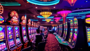 Para pemain menikmati mesin slot Dewanaga89 yang menarik di suasana kasino mewah.