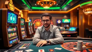 Engage in thrilling online gaming with f168info.com, featuring luxurious casino elements like poker chips and vibrant slot machines.