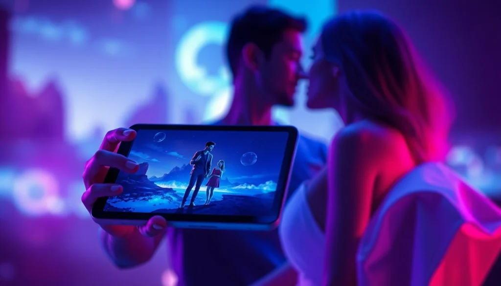 Immersive AI sex technology illustrated on a sleek touch-screen device with lifelike characters.