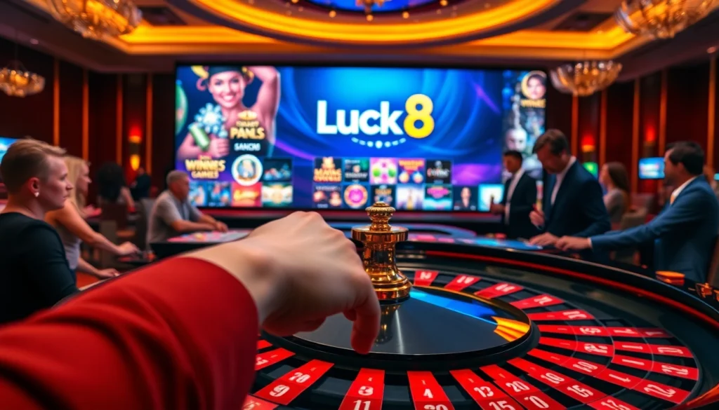 Experience the excitement of Luck8 at a luxurious roulette table with vibrant chips and enthusiastic players.