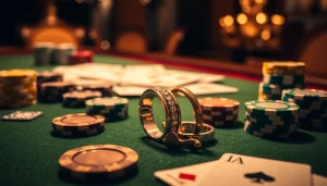 Showcase of exquisite wedding rings amidst high-stakes poker chips, emphasizing 結婚對戒 (duplicate) in a luxurious casino setting.