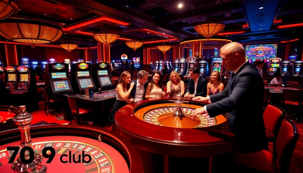 Exciting gaming action at 789club casino with players at roulette table and vibrant slot machines.