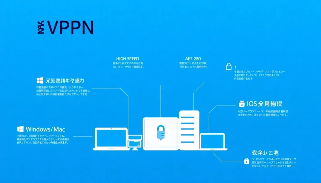 快连VPN features infographic showcasing speed, security, and multi-device compatibility.