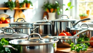 Explore premium cookware NZ collection in a bright kitchen featuring fresh ingredients and elegant pots.