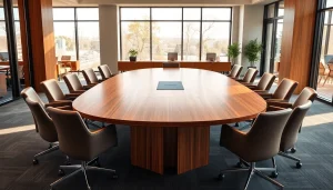 Showcasing modern conference tables designed for collaborative meetings in an inviting office setting.