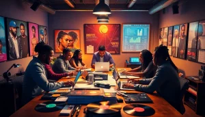 Hip hop publicist team strategizing in a vibrant creative office environment.