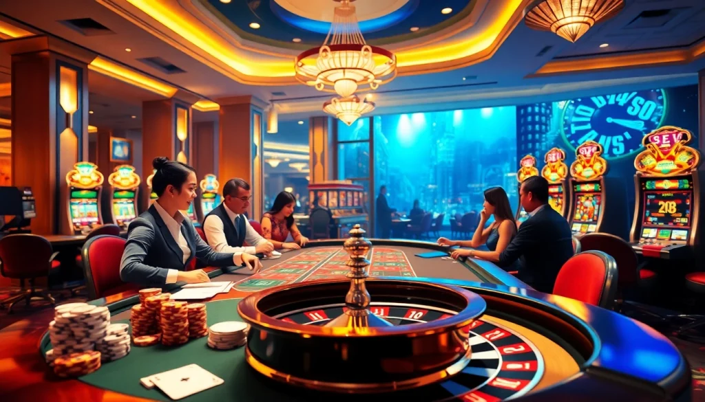 S8 đăng nhập at a vibrant casino with poker tables, dealers, and winning players.