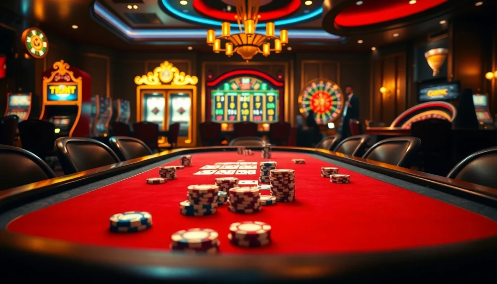 Experience thrilling gameplay at https://topclub.site/ with lavish poker tables, vibrant chips, and exciting casino elements.