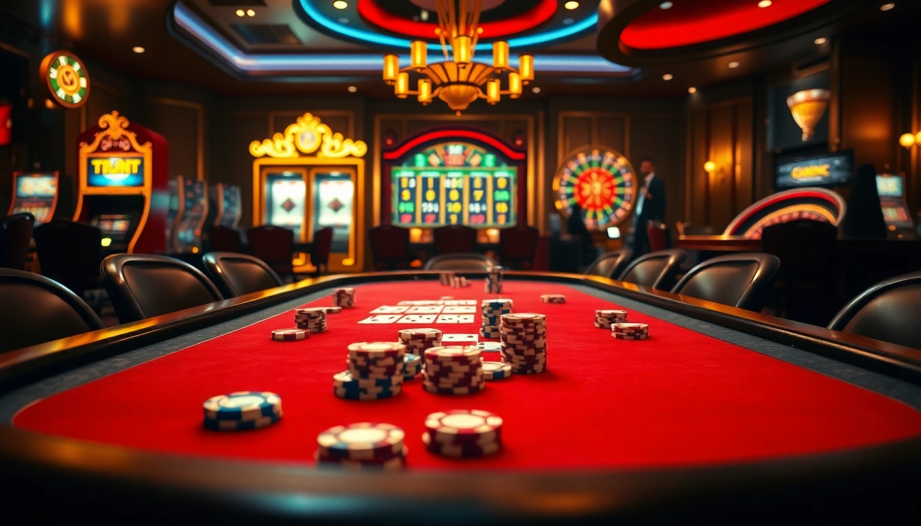Experience thrilling gameplay at https://topclub.site/ with lavish poker tables, vibrant chips, and exciting casino elements.