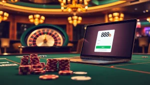 Engaging online gambling scene with 888b login interface, casino table, and poker chips.