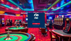 Exciting casino scene featuring players and rio Login interface for online gambling experience.