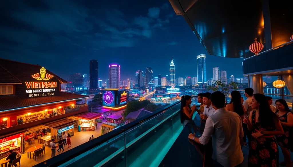 Experience the vibrant 베트남밤문화 at a lively rooftop bar with stunning skyline views.