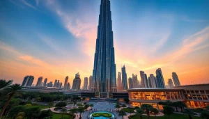 Dubai tallest building, Burj Khalifa illuminated at sunset with vibrant city life below.