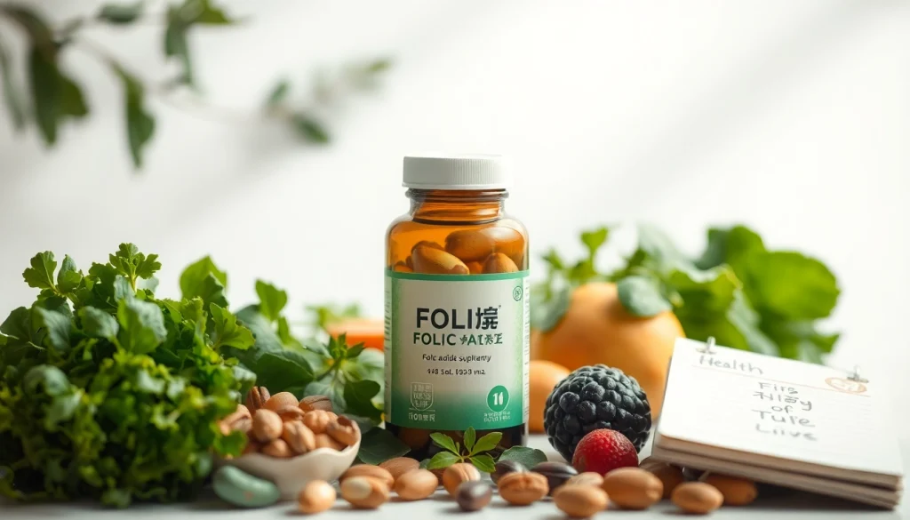 妊娠健康を促進する有機成分に囲まれた葉酸サプリの高品質なクローズアップ写真。