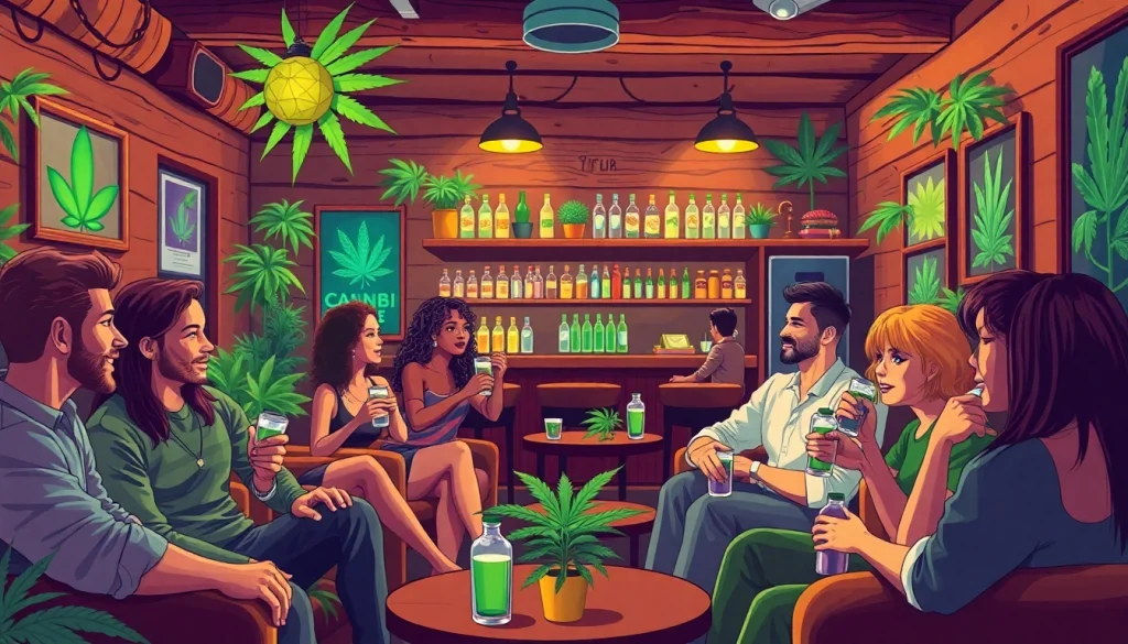 Gathering at a cannabis social club, showcasing a friendly atmosphere with diverse members sharing experiences.