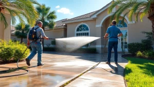 Pressure wash service revitalizing a driveway and sidewalk in Kissimmee, FL, highlighting the cleaning process.