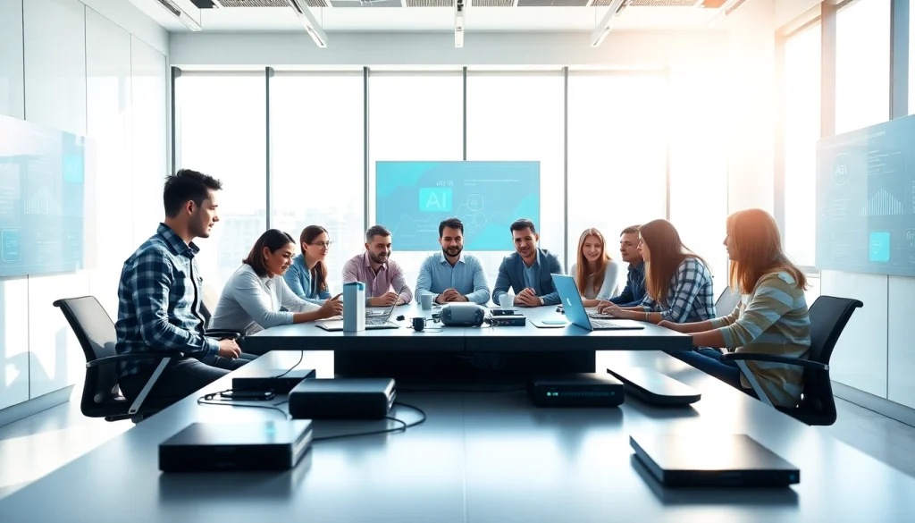 Dynamic meeting of diverse individuals innovating in an ai startup setting, highlighting collaboration.