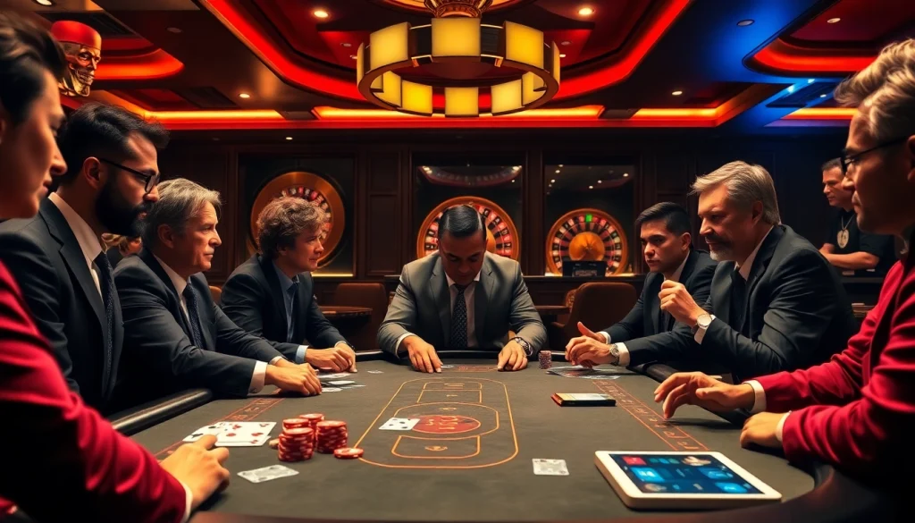 Players strategizing at a new66 poker table in a luxurious casino atmosphere, showcasing gameplay elements.